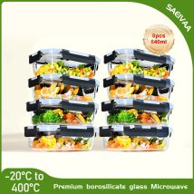 SAEIV Set per alimenti in vetro da 8 pezzi Scatola portaoggetti a prova di perdite da 640 ml, cassaforte per microonde e lavastoviglie, organizer da cucina senza BPA