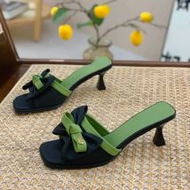 Fashion Square Toe High-heeled Slippers for Women Summer Korean Style Outdoor Slip on Stiletto Bowknot Sandals Sandalias Mujer