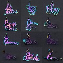 5pcs/lot Rainbow Word Script Charm Wholesale 316 Stainless Steel Slay Diva Black Dope Girl Charms Blessed Queen Jewelry Pendant