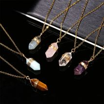 Natural pink Hexagonal Column Quartz Necklaces Pendants Vintage Natural Stone Bullet Crystal Necklace For Women Jewelry Hot Sale