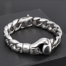 Fongten Boxing Gloves Bracelets For Men Black Silver Color Stainless Steel Cuban Link Chain Men Bangle Hip Hop Curb Jewelry