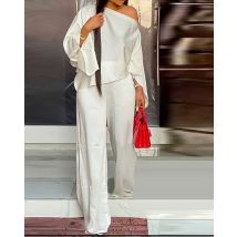 Women's Wide Leg Pants Two Piece Set Fashion Off Shoulder Shirt And Pants Sets Autumn Winter Casual Loose Solid Suit