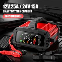 Ładowarka akumulatorów samochodowych i motocyklowych 25A/15A 12V/24V, inteligentna ładowarka do akumulatorów litowych, AGM, GEL, kwasowo-ołowiowych i LiFePO4