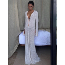 Nsauye Fashion Elegant Sexy Women V Neck Long Sleeve Beach Summer Maxi Dresses Party Holiday Hollow Out Long Dress Women 2022