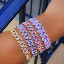 Punk Bling 2 Row Rhinestone Prong Cuban Bracelet For Women Men Colorful Crystal Cuban Chain Bracelets Hiphop Trendy Jewelry Gift