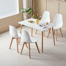 Set tavolo da pranzo rettangolare e 4 sedie da pranzo in stile medievale nordico con gambe in legno per soggiorno, sala da pranzo, cucina, bianco
