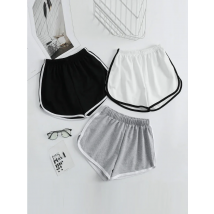 Striped Sports Shorts for Women, Simple Loose Shorts, Casual Slimming Short for Ladies, High Waisted, Monochrome, Summer Fashion