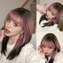 Lange gerade Cosplay Haar rosa bis ombre schwarze Perücken mit farbigen Pony synthetische hitze beständige Party Perücke für Frauen koreanisch