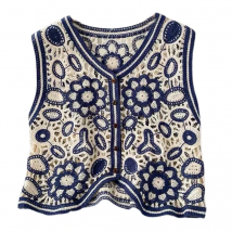 Boho Women Crochet Knit Vest Waistcoat Vintage Colorful Floral Pattern Sleeveless Cardigan Jacket Hippie V-Neck Crop Top