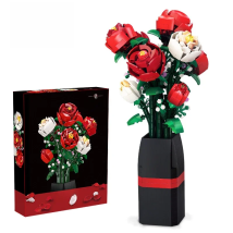 Creative Red Rose Vase Plants Model Building Blocks Moc Romantic Classic Flowers Bouquet Potted Bricks Toys Valentine's Day Gift