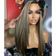 Remy Indian Hair Glueless U/V Part Wig Human Hair Highlight Honey Blonde Soft Long Staight Full Machine Made For Women180Density