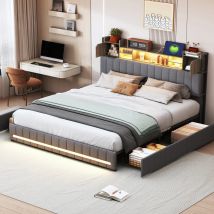 Letto matrimoniale 160x200 cm con LED e USB, Letto imbottito con box a doghe, 4 cassetti, testata letto con contenitore, letto 2 persone