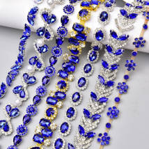 1 Yard Royal Blue Glitter Rhinestone Trim Silver Gold Base Crystal Flower Metal Cup Chain Sew on Bridal Outfit Shoes Accessories