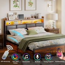 WoodenAura Letto matrimoniale 160x200 cm con illuminazione a LED, letto contenitore con testiera e doghe ruggine, struttura letto in metallo