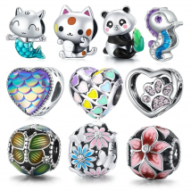 Bamoer 925 Sterling Silver Kitty Mermaid Charm Heart Shape Bead Flower Pendant for Original Bracelet Women Bangle DIY Making