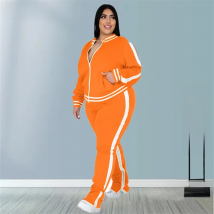 Plus Size L-5XL Two Piece Set Women Sweatsuit Zip Striped Top Slit Sweatpants Jogger Outfit Matching Set Wholesale Dropshipping