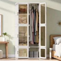 Rosahqnda Kleiderschrank,tragbarer Lagerschrank,einfacher Schlafzimmerschrank mit Gitter und Kleideraufhängung,weiß