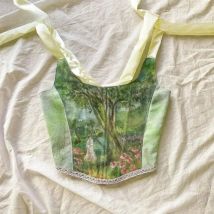 Vintage Aesthetic Print Crop Tops Summer Fashion Bandages Elegant Tank Top for Women Bandages Skinny Clubwear Camisole Corset