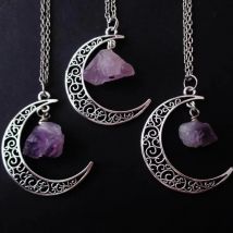 Purple Crystal Moon Necklace Crescent Raw Witch Jewelry Wizard Gothic Punk Creativity Statement Pendant Fashion Women Gifts 2021