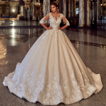 Alonlivn Delicate Shiny Beading O-Neck Wedding Dress Half Sleeves Lace Up Puffy Ball Gown Bride Skirts
