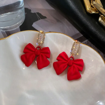 New Stylish Crystal Bow Knot Dangle Earrings For Women Lucky Red Color Heart Zircon Earring Girls Christmas New Year Jewelry