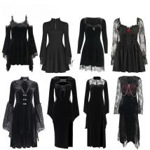 Halloween Gothic Women Dress Long Sleeve High Waist Dresses 2025 New Goth Aesthetic 90s Egirl Sexy Slim Party Club Dress