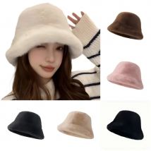 2024 New  Winter Faux Fur Bucket Hat Fisherman Warm Heavy Plush Hats Ear Protection Outdoor Windproof Solid Hats Cap Wholesale