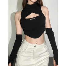 Goth Dark Techwear Cyber Y2k Hollow Out Tank Tops Punk Gothic Turtleneck Women Sexy Crop Top With Glove Sleeve Skinny Streetwear