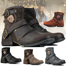 Men's Ankle Boots High Quality Cowboy Boots Men Metal Buckle Side Zipper Motorcycle Boots Gothic Boots Retro Western Boots