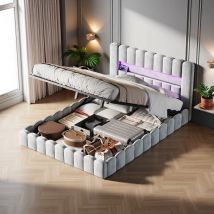 Bubble-Bett 180x, Doppelbett mit Stauraum, hydraulisches Bett mit USB-Ladefunktion und LED, Samt, Grau