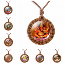 Ganesha Wooden Necklace Hindu Amulet Ganesha, Shiva, Vishnu Photo Print Glass Cabochon Wooden Jewelry Wood Necklaces for Women