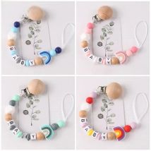 NEW Personalized Name Handmade Beech Pacifier Clip Holder Chain Silicone Rainbow Pacifier Chain Baby Teether Teething Chain Gift