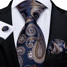 Luxury Blue Gold Paisley Men's Tie Business Wedding Formal Neck Tie For Men Gift Cravate Silk Tie Handkerchief Cufflinks DiBanGu