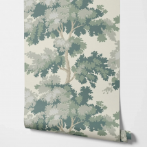 Misty Forest Wallpaper with an antique woven tapestry showing a lush landscape in Green Clor, Scandinavian Wallpaper