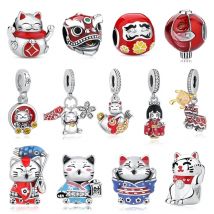 925 Sterling Silver Charms Fortune Cat Chinese New Year Pendant Beads Japanese Girl Fit Brand Bracelets Necklaces Women Jewelry