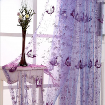 Romantic Modern Embroidered Sequins Butterfly Rustic Sheer Purple Voile Curtains for Living Room Bedroom Kitchen   344&C