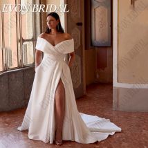 Evon Braut elegant schulter frei Brautkleid plus Größe Braut Seite geteilt Satin Brautkleider mit Tasche Brautkleider angepasstEVON BRIDAL Elegante Off Shoulder Brautkleid Plus Size Braut Seite Split