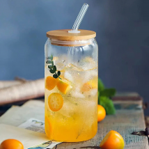 12/16oz Glass Straw Cup With Bamboo Lid Reusable Beer Can Glasses Juice Cokctail Coffee Milk Wine Cups Bar Drinkware Straws Cup