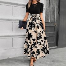 Elegant Floral Print Round Neck Long Dresses Women Short Sleeve High Waist Lace-up Office Lady Holiday Party Dresses Vestidos