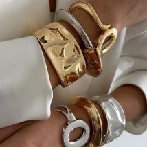 IngeSight.Z Trendy Designer Irregular Geometric Thick Chunky Metal Bangles Women's Street Rock Hip Hop Party Bracelet Jewelry