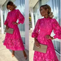 Spring Autumn New Sexy Hollow Long Sleeves Dresses Elegant Lace Splicing Dress Fashion Stand Collar Holiday Party Dress Vestidos