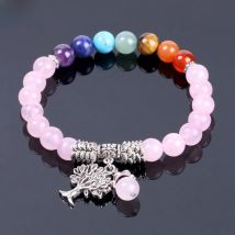 CSJA Natural Pink Crystal Quartz 7 Chakra Gem Stone Bead Bracelet Tree Pendant Prayer Healing Stretch Bangles Women Jewelry F129