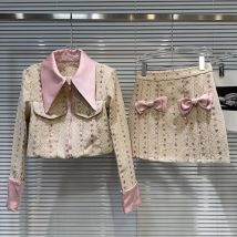 Chic Women Sparkling 3D Bow Tie Tweed Diamonds Beaded Jacket Sequined Coat Zipper Suits Tops + Mini A-line Skirt 2Pcs Suit Set