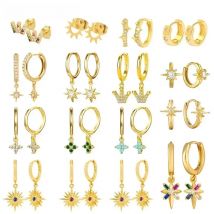 Simple Crystal Octagram Star Hoop Earrings For Women 925 Sterling Silver Ear Needle Crown Sun Pendant Earrings Fashion Jewelry