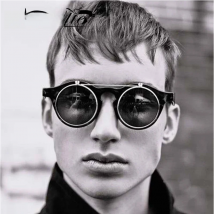 WHO CUTIE 2025 Fashion Vintage Round Steampunk Flip Up Sunglasses Men Classic Clamshell Design Sun Glasses Clip on Oculos S005