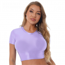 Womens Femme Glossy Camis Crop Top Sports Fitness Smooth Short Sleeve Tank Tops Oil Shiny Slim Fit T-shirt Sportswear Swimwear