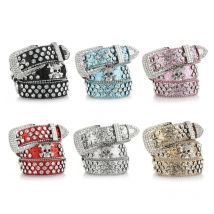 Head Skull Buckle Belts Women Pu-leather Strap Rhinestone Buckle Belts Western Cowboy Y2k Girls Fashion Belt for Jeans
