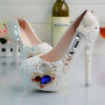 2019 New arrival Womens wedding shoes white pearl Bridal party dress shoes Heart of ocean Woman High heels platform shoe