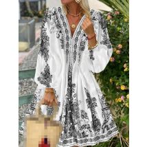 Spring Summer New Women's Sexy V-neck Fashionable Bohemian Printed Casual Long Sleeved Single Breasted Dress