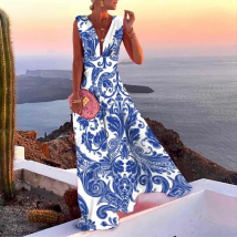 Women Elegant Blue And White Porcelain Printing V Neck Party Dress Sexy Backless Ladies Sleeveless Beach Vintage Dress Female